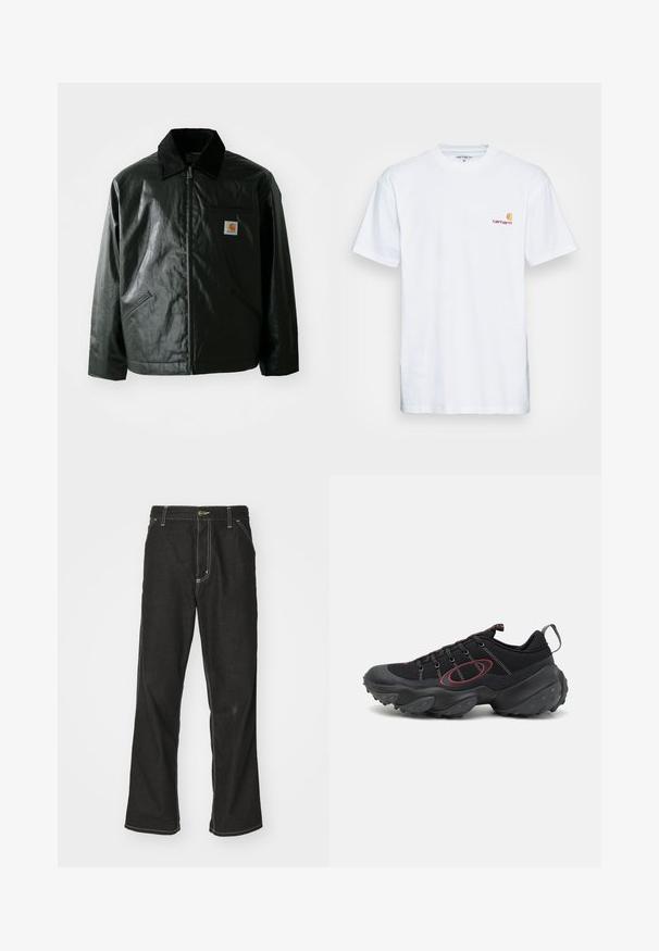 Mustat vetoketjulliset takit, jotka on valmistettu sileästä, kiiltävästä materiaalista. Sisältää kangastakin kauluksen, kaksi etutaskua ja pienen logopatchin rinnassa.; Valkoinen puuvillainen t-paita lyhyillä hihoilla. Varustettu pienellä oranssilla ja maroonilla logolla vasemmassa rinnassa. Ominaisuuksiin kuuluu klassinen pyöreä kaula-aukko.; Mustat farkut, joissa on löysä istuvuus, erottuva valkoinen ompelu, nappikiinnitys ja suora lahje.; Mustat urheilukengät, joissa on teksturoitu verkkopäällinen, kontrastoivat punaiset yksityiskohdat ja paksu kuminen pohja, jossa on pyöristetyt pidikkeet.