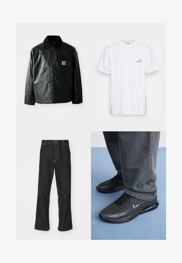 Juodas užtrauktuku užsegamas švarkas, pagamintas iš glotnaus, blizgaus medžiagos. Savybė - keteros apykaklė, dvi priekinės kišenės ir mažas logotipo ženklelis ant krūtinės.; Balta medvilnė marškinėliai trumpomis rankovėmis. Sukurti su mažu oranžiniu ir tamsiai raudonu logotipu kairėje krūtinės pusėje. Turi klasikį apvalų kaklą.; Juodi džinsai su laisvu siluetu, turintys kontrastingas balto siūlo siūles, mygtuko uždarymą ir tiesų kojos dizainą.; Juodi Nike sportiniai bateliai su tekstūruotu paviršiumi, perforuotomis detalėmis ir matoma oro pagalvės sistema, derinami su pilkais kelniais.