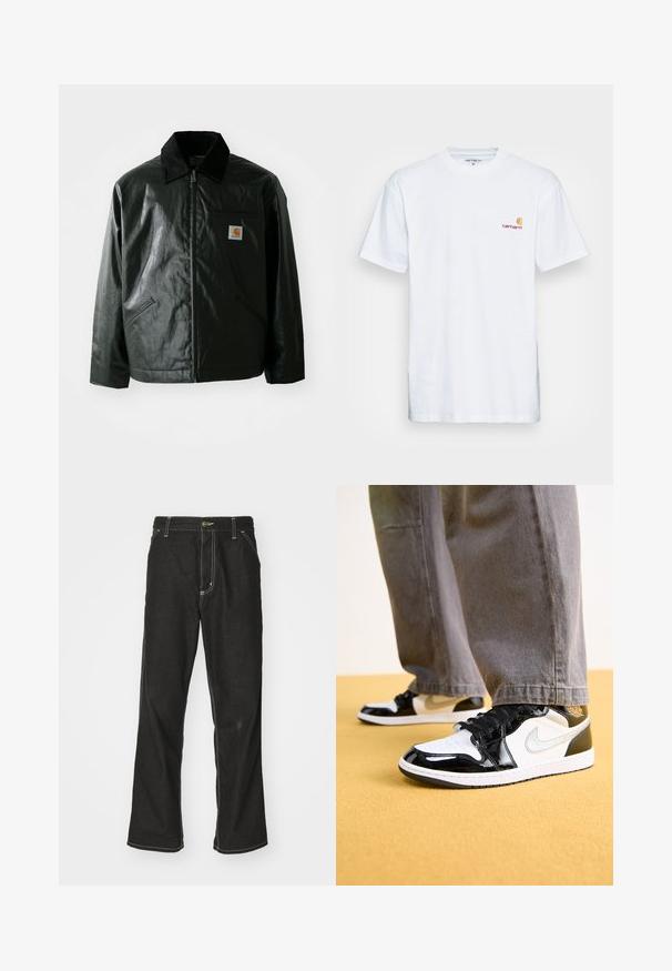 Černá zipová bunda vyrobená z hladkého, lesklého materiálu. Má jemný manžetový límec, dvě přední kapsy a malou značkovou nášivku na hrudi.; Bílé bavlněné tričko s krátkým rukávem. Navrženo s malým oranžovým a vínovým logem na levé části hrudi. Obsahuje klasický kulatý výstřih.; Černé denimové džíny s volným střihem, s kontrastním bílým prošíváním, zapínáním na knoflík a rovnými nohavicemi.; Černobílé patentní kožené tenisky s černými tkaničkami, s perforovanou špičkou a logem na boku. Nosené s šedými širokými kalhotami.
