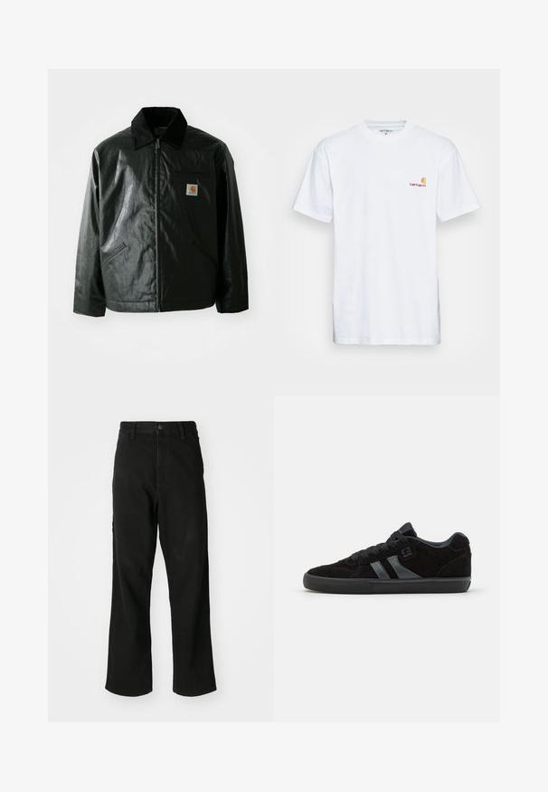 Schwarze Zip-Jacke aus glattem, glänzendem Material. Verfügt über einen Cordkragen, zwei Fronttaschen und ein kleines Logo-Patch auf der Brust.; Weißes Baumwoll-T-Shirt mit kurzen Ärmeln. Entworfen mit einem kleinen orangefarbenen und kastanienbraunen Logo auf der linken Brust. Verfügt über einen klassischen Rundhalsausschnitt.; Schwarze gerade Jeans mit Knopfverschluss, Gürtelschlaufen und Fronttaschen auf einem schlichten weißen Hintergrund.; Schwarze Wildleder-Skate-Schuhe mit dunklen Gummisohlen, ausgestattet mit grauen Seitenstreifen und passenden Schnürsenkeln, die für Komfort und Langlebigkeit ausgelegt sind.