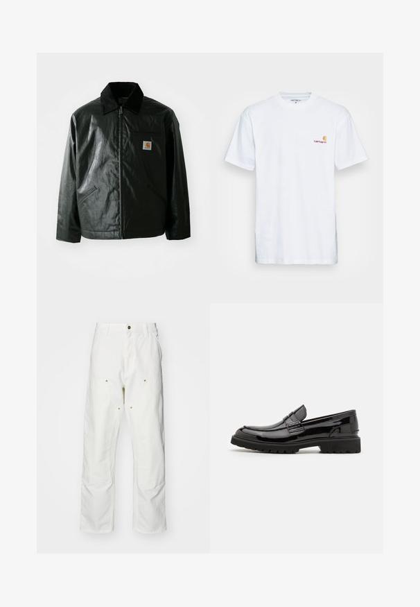 Jachetă neagră cu fermoar, confecționată dintr-un material neted și lucios. Prezintă un guler din catifea, două buzunare frontale și un mic logo brodat pe piept.; Tricou alb din bumbac, cu mâneci scurte. Creat cu un mic logo portocaliu și bordo pe pieptul stâng. Prezintă un gât rotund clasic.; Pantaloni cargo din bumbac alb, cu o croială lejeră. Caracteristicile includ buzunare frontale, accesorii din metal aurit și secțiuni întărite la genunchi.; Loaferi din piele patent de culoare neagră, cu o talpă groasă, având o bandă decorativă în față și un design slip-on. Textură netedă și lucioasă.