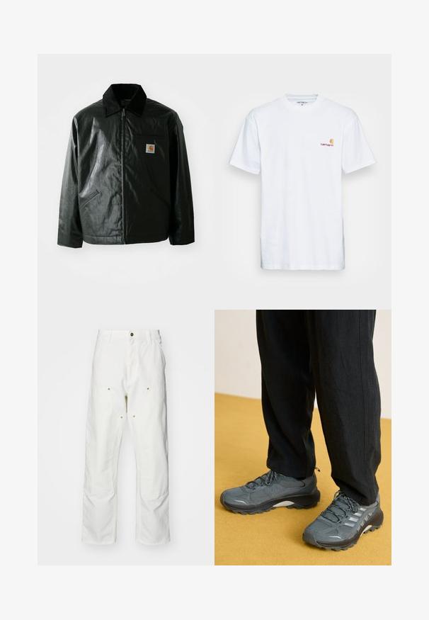 Must mustaga, läikiva materjaliga musta värvi jakk. Omab kordonilõikega kraed, kahte esikäe taskut ja väikest logo sildi rinnal.; Valge puuvillane T-särk lühikeste varrukatega. Disainitud väikese oranži ja marooni logoga vasakul rinnal. Omab klassikalist ümarat kaelust.; Valged puuvillased cargo püksid, millel on mugav lõige. Omadusteks on esikotid, kuldse riistvara aktsendid ja tugevdatud põlveosad.; Hallide võrgu ja sünteetilise materjali spordijalatsid, millel on silmapaistev tallate muster, peegeldavad detailid ning paeltega kinnitamine, koos mõõtmatute mustade pükstega.