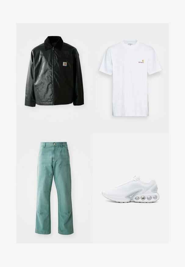 Veste noire zippée en matériau lisse et brillant. Elle dispose d'un col en velours côtelé, de deux poches avant et d'un petit écusson logo sur la poitrine.; T-shirt en coton blanc à manches courtes. Doté d'un petit logo orange et bordeaux sur la poitrine gauche. Présente un col rond classique.; Pantalons larges de couleur bleu-vert, en denim. Présentent des poches avant avec des ouvertures en angle et des accents métalliques à pression.; Baskets en maille blanches avec des accents gris, bout rond, et semelle rembourrée visible avec des poches d'air circulaires et un détail de marque.