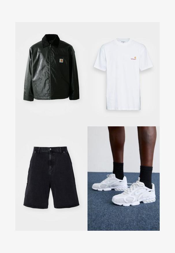 Chaqueta negra con cremallera hecha de un material liso y brillante. Presenta un cuello de pana, dos bolsillos frontales y un pequeño parche con el logo en el pecho.; Camiseta de algodón blanca de manga corta. Diseñada con un pequeño logotipo naranja y marrón en el lado izquierdo del pecho. Presenta un cuello redondo clásico.; Los pantalones cortos de mezclilla negros tienen un corte relajado, un diseño estándar de cinco bolsillos y un cierre de botón de metal. Textura suave con un desvanecimiento mínimo.; Zapatillas deportivas blancas con parte superior de malla, acentos texturizados y suela acolchada. Combinadas con calcetines cortos de canalé negros sobre una superficie de moqueta azul.