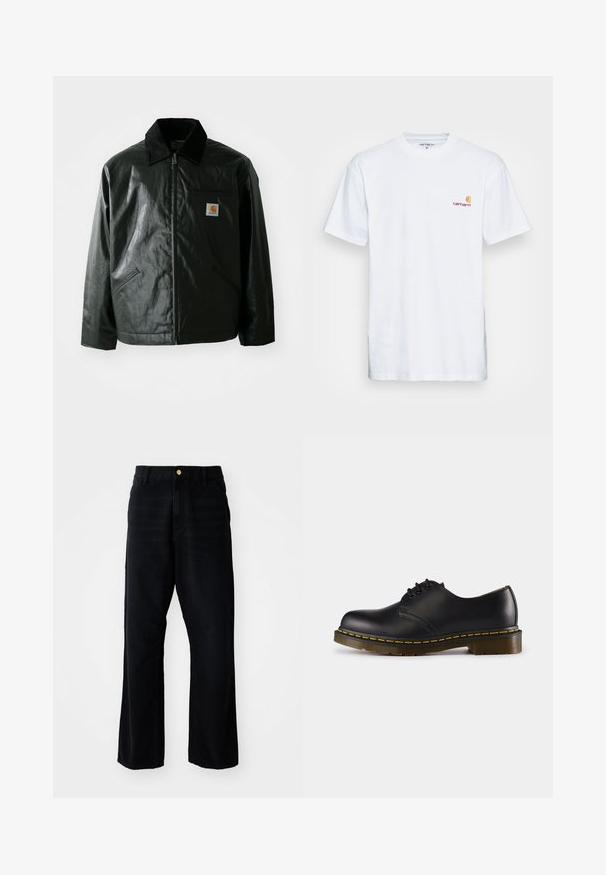 Juodas užtrauktuku užsegamas švarkas, pagamintas iš glotnaus, blizgaus medžiagos. Savybė - keteros apykaklė, dvi priekinės kišenės ir mažas logotipo ženklelis ant krūtinės.; Balta medvilnė marškinėliai trumpomis rankovėmis. Sukurti su mažu oranžiniu ir tamsiai raudonu logotipu kairėje krūtinės pusėje. Turi klasikį apvalų kaklą.; Juodi džinsai su laisvu pritaikymu, turintys auksinę sagtį, penkių kišenių dizainą ir tiesių sijonų kirpimą. Lygus paviršius.; Juodos odinės batai su apvaliu pirštu, su raišteliais, geltonu siūliniu aplink padą ir masyviu, tekstūruotu guminiu padu.