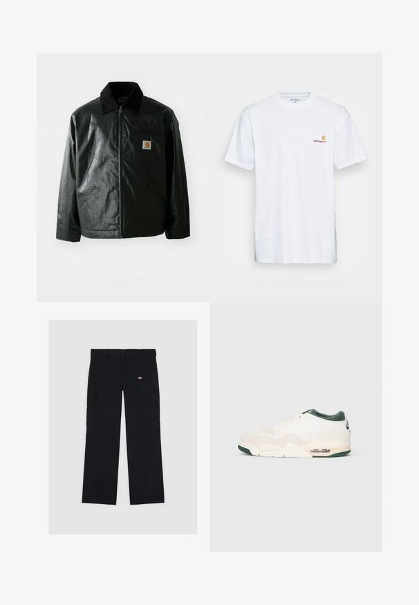 Casaco preto com fecho éclair, feito de material liso e brilhante. Apresenta um colarinho de veludo, dois bolsos frontais e um pequeno emblema no peito.; T-shirt de algodão branco com mangas curtas. Apresenta um pequeno logótipo laranja e castanho-escuro no lado esquerdo do peito. Tem um clássico decote redondo.; Calças cargo pretas feitas de algodão, com múltiplos bolsos, uma textura suave e um patch de logotipo no bolso traseiro direito.; Sapatilha com um cabedal em camurça e malha beje claro, detalhes em verde e uma unidade de amortecimento de ar visível no calcanhar. Fecho com atacadores planos.