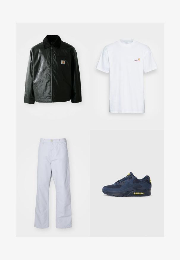 Must mustaga, läikiva materjaliga musta värvi jakk. Omab kordonilõikega kraed, kahte esikäe taskut ja väikest logo sildi rinnal.; Valge puuvillane T-särk lühikeste varrukatega. Disainitud väikese oranži ja marooni logoga vasakul rinnal. Omab klassikalist ümarat kaelust.; Heledad sinine sirge säärega puuvillased püksid. Omavad esipocketit, tõmblukkude sulgemist ja üht metallist nööpi vöökohtadel.; Tumed sinine Nike Air Max tossud, mille ülemine osa on valmistatud sametist ja võrkmaterjalist, kollaste aktsentidega, nööriga kinnitatav ja nähtava õhupadjaga tallas.