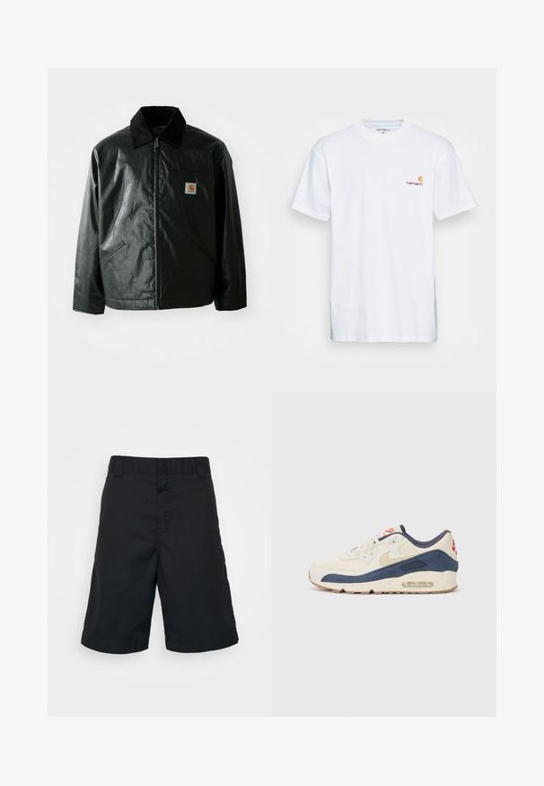 Zwarte ritssluiting jas van glad, glanzend materiaal. Heeft een corduroy kraag, twee voorzakken en een klein logo label op de borst.; Witte katoenen t-shirt met korte mouwen. Ontworpen met een klein oranje en kastanjebruin logo op de linkerkant van de borst. Heeft een klassieke ronde hals.; Zwarte shorts van geweven stof, met een rechte snit, standaard tailleband en zonder patronen of zichtbare bevestigingsmaterialen.; Sneakers met een crème leren en marineblauwe suède bovenkant, voorzien van een zichtbare luchtzool, beige rubberen buitenzool en een rode accent op de hiel.