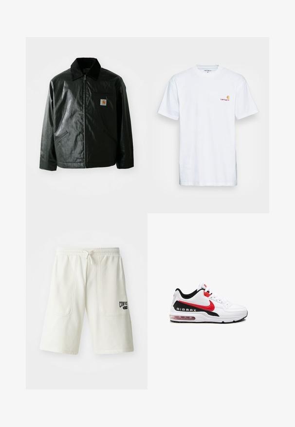 Giacca nera con zip realizzata in materiale liscio e lucido. Presenta un colletto in corduroy, due tasche frontali e una piccola patch con logo sul petto.; T-shirt bianco in cotone con maniche corte. Progettato con un piccolo logo arancione e maroon sul lato sinistro del petto. Presenta un classico collo rotondo.; Shorts di colore crema realizzati in tessuto morbido, dotati di due grandi tasche laterali e di un logo nero "Converse All Star" sulla gamba destra.; Scarpa sportiva bianca con accenti neri e rossi, caratterizzata da una tomaia in pelle liscia, chiusura con lacci e ammortizzazione d'aria visibile nella suola.