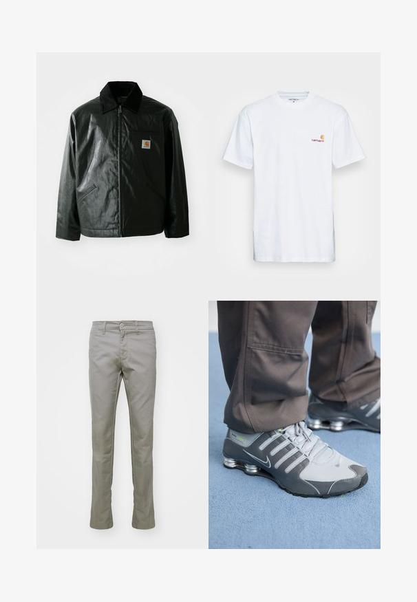 Crna zip-up jakna izrađena od glatkog, sjajnog materijala. Ima okovratnik od kordura, dva prednja džepa i mali logotip na prsima.; Bijela pamučna majica s kratkim rukavima. Dizajnirana s malim narančastim i tamnocrvenim logom na lijevoj strani prsne šupljine. Ima klasični okrugli izrez.; Carhartt WIP SID PANT - Hlače - misty grey; Sive i srebrne Nike Shox tenisice imaju elegantan dizajn, s mrežastim i sintetičkim materijalima, zaobljenim vrhom i podstavljenim okovratnikom.