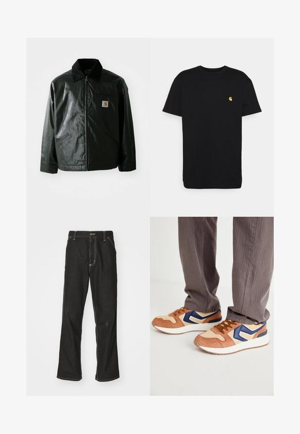 Must mustaga, läikiva materjaliga musta värvi jakk. Omab kordonilõikega kraed, kahte esikäe taskut ja väikest logo sildi rinnal.; Must must tee, lühikeste varrukatega, ümar kaelus ja vasakul rinnal väike kollane logo. Lihtne disain ja regulaarne istuvus.; Mustadest denimist püksid, lahtise lõikega, kontrastsete valgete õmblustega, nööbiga kinnitamine ja sirge säär.; Kampsussid, mis on segu tan värvi sametist ja kreemilisest sünteetilisest materjalist, sinise aktsendiga ja struktureeritud tallaga; pruunid paelad; kantud hallide triibuliste pükstega.