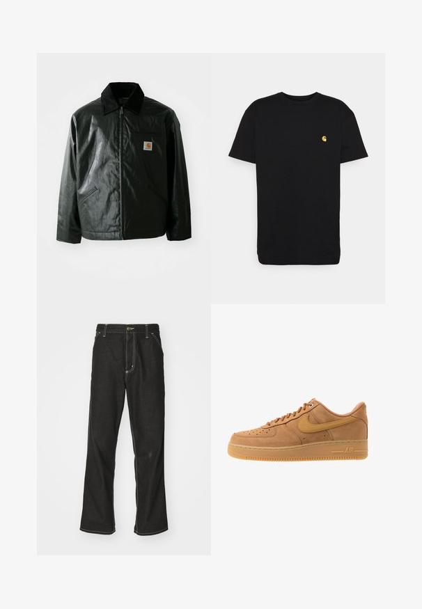 Crna zip-up jakna izrađena od glatkog, sjajnog materijala. Ima okovratnik od kordura, dva prednja džepa i mali logotip na prsima.; Crna pamučna majica s kratkim rukavima, okruglim izrezom i malim žutim logotipom na lijevoj strani prsa. Jednostavan dizajn i običan kroj.; Crne traperice s opuštenim krojem, s kontrastnim bijelim šavovima, zakovicom za zatvaranje i ravnim nogavicama.; Nike Sportswear AIR FORCE 1 07 - Tenisice - flax/wheat/light brown/black/team gold