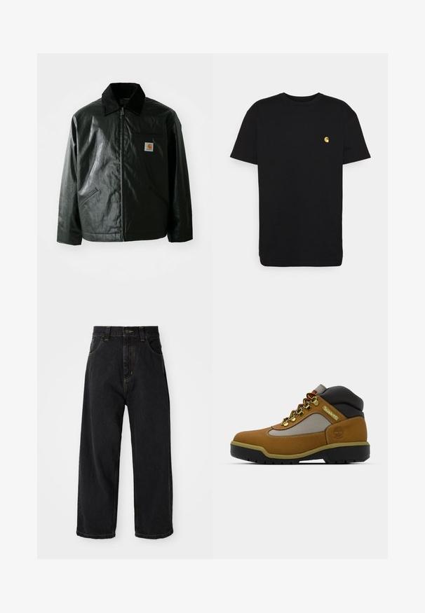 Juodas užtrauktuku užsegamas švarkas, pagamintas iš glotnaus, blizgaus medžiagos. Savybė - keteros apykaklė, dvi priekinės kišenės ir mažas logotipo ženklelis ant krūtinės.; Juodas medvilnės marškinėliai trumpomis rankovėmis, apvaliu kaklu ir maža geltona logo kairėje krūtinės pusėje. Paprastas dizainas ir įprasta apimtis.; Juodos plačios kojų džinsinės kelnes su aukštu liemeniu, priekiu esančiu mygtuku, užtrauktuku ir geltonomis siūlėmis ant kišenių bei siūlių.; Rudos žygio batai su pilkais ir juodais akcentais, tekstūruota odinė viršutinė dalis, metalinės akytės ir tvirta guminė padais, užtikrinantis sukibimą.