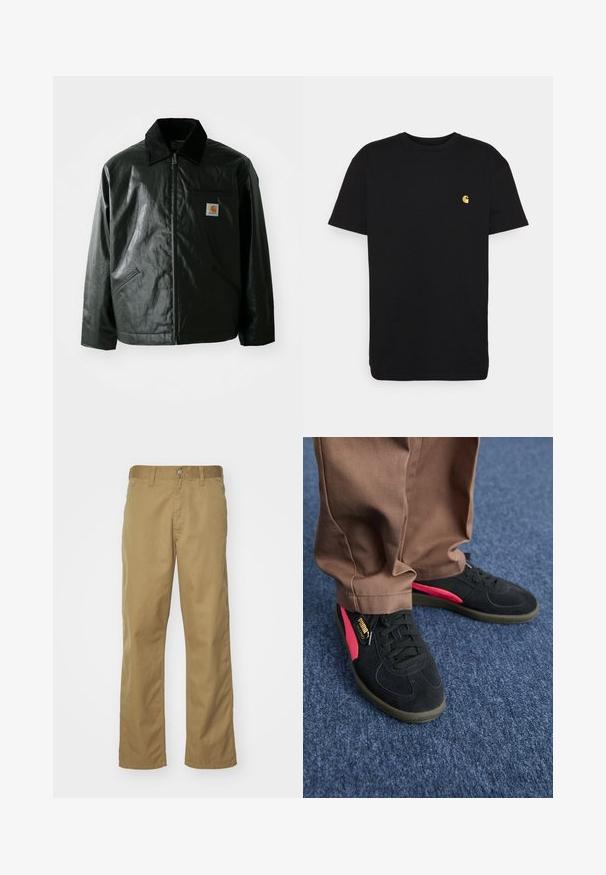 Giacca nera con zip realizzata in materiale liscio e lucido. Presenta un colletto in corduroy, due tasche frontali e una piccola patch con logo sul petto.; T-shirt nera in cotone con maniche corte, colletto rotondo e un piccolo logo giallo sulla zona sinistra del petto. Design semplice e vestibilità regolare.; Chino kaki con design a gamba dritta, realizzati in tessuto di cotone liscio. Presentano una chiusura frontale con bottone e tasche laterali.; Sneaker in suede nero con accenti rosa e lacci standard. Presentano una suola nera testurizzata e un'etichetta con il logo PUMA su una delle scarpe.