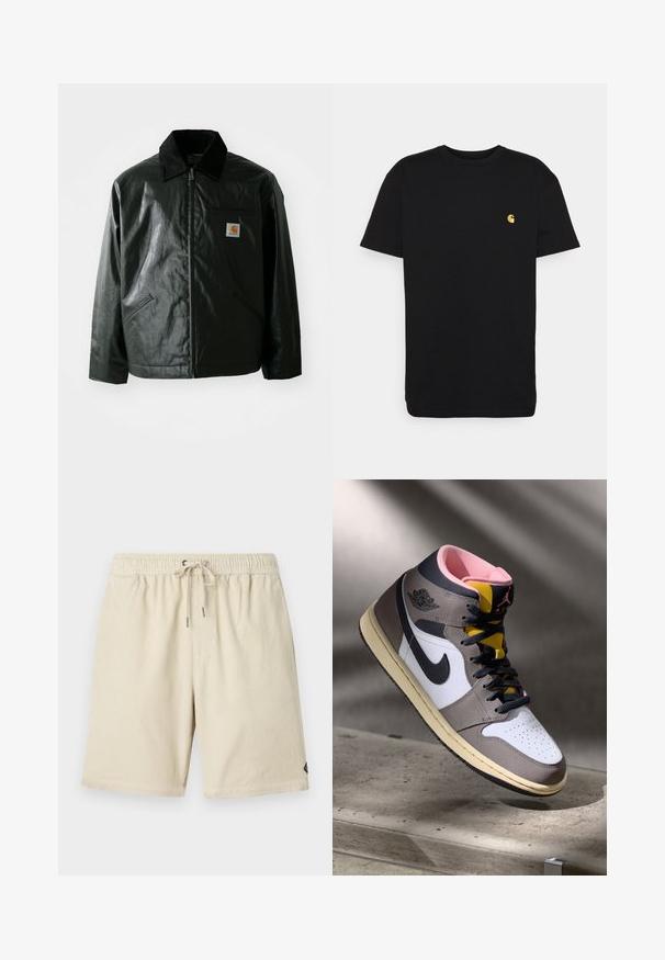 Μαύρο μπουφάν με φερμουάρ, φτιαγμένο από λείο, γυαλιστερό υλικό. Διαθέτει κοτλέ γιακά, δύο μπροστινές τσέπες και μια μικρή ετικέτα λογότυπου στο στήθος.; Μαύρο βαμβακερό t-shirt με κοντά μανίκια, κλασικό λαιμόκομμα και ένα μικρό κίτρινο λογότυπο στην αριστερή πλευρά του στήθους. Απλός σχεδιασμός και κανονική εφαρμογή.; Μπεζ βελουτέ σορτς με ελαστική μέση και κορδόνι, διαθέτοντας μια λεπτή κατακόρυφη υφή ραβδώσεων και μικρή ετικέτα στο πλάι.; Sneaker Nike Air Jordan ψηλά σε λευκό, γκρι και μαύρο με ροζ εσωτερικό και κίτρινη γλώσσα, τοποθετημένος σε επιφάνεια από τσιμέντο.