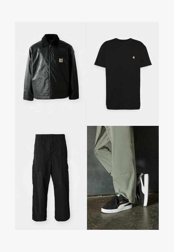 Melnā zip-up jaka, izgatavota no gludas, spīdīgas materiāla. Ir korduroja apkakle, divas priekšējās kabatas un neliela logo placdarma uz krūtīm.; Melna kokvilnas T-kreklā īsas piedurknes, apaļa apkakle un neliels dzeltenais logotips kreisajā krūtī. Vienkāršs dizains un parasta paveida.; Melni kravas bikses, izgatavotas no mīksta auduma, ar brīvu piegriezumu, sānu kabatām un pogas aizdari. Apakšējais malējais ir locīts.; Melnas zamšādas sporta kurpes ar baltām gumijas zole un sānu svītrām, saskaņotas ar gaiši zaļām cargo biksēm, stāvot uz teksturētas tumšas virsmas.