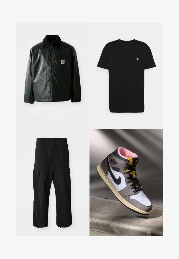 Jachetă neagră cu fermoar, confecționată dintr-un material neted și lucios. Prezintă un guler din catifea, două buzunare frontale și un mic logo brodat pe piept.; Tricou negru din bumbac, cu mâneci scurte, guler rotund și un mic logo galben pe partea stângă a pieptului. Design simplu și croială normală.; Pantaloni cargo negri dintr-un material moale, cu o croială lejeră, buzunare laterale și închidere cu nasture. Marginile de jos sunt lucrate cu mansete.; Sneaker Nike Air Jordan de tip high-top, alb, gri și negru, cu interior roz și limbă galbenă, amplasat pe o suprafață din beton.