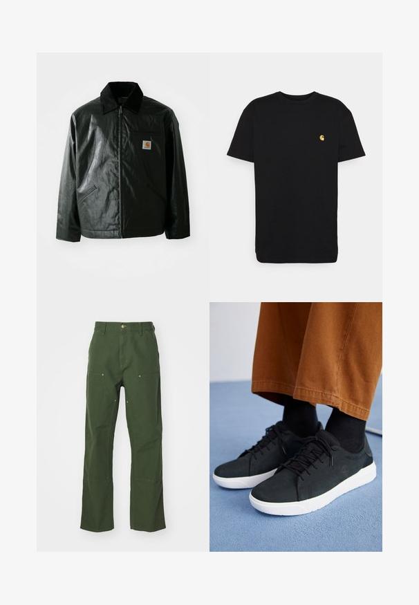 Jachetă neagră cu fermoar, confecționată dintr-un material neted și lucios. Prezintă un guler din catifea, două buzunare frontale și un mic logo brodat pe piept.; Tricou negru din bumbac, cu mâneci scurte, guler rotund și un mic logo galben pe partea stângă a pieptului. Design simplu și croială normală.; Pantaloni din bumbac verde cu un design drept, având buzunare frontale și dorsale, accesorii de culoare aurie și petice întărite la genunchi.; Adidași negri din suede cu talpă din cauciuc albă, cu un design cu șireturi, accente texturate și branding subtil, asortați cu pantaloni maro.