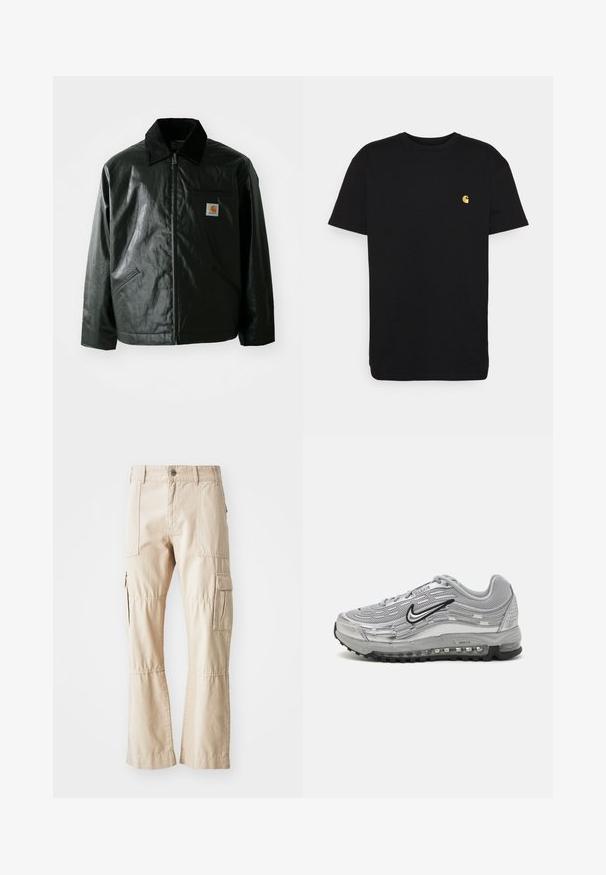 Casaco preto com fecho éclair, feito de material liso e brilhante. Apresenta um colarinho de veludo, dois bolsos frontais e um pequeno emblema no peito.; T-shirt de algodão preto com mangas curtas, decote redondo e um pequeno logótipo amarelo na área do peito esquerdo. Design simples e ajuste regular.; Calças cargo bejes feitas de algodão durável, apresentando vários bolsos, um design de pernas retas e detalhes de costura visíveis.; Sapatilhas Nike Air Max cinzas com um upper em malha e sintético, design em forma de onda, acentos em preto e uma unidade de amortecimento de ar visível.