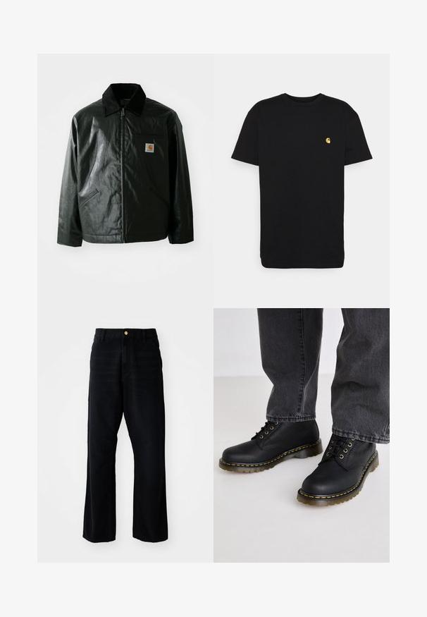 Must mustaga, läikiva materjaliga musta värvi jakk. Omab kordonilõikega kraed, kahte esikäe taskut ja väikest logo sildi rinnal.; Must must tee, lühikeste varrukatega, ümar kaelus ja vasakul rinnal väike kollane logo. Lihtne disain ja regulaarne istuvus.; Mustadest denimist püksid, lõtva istumisega, millel on kuldne nupp, viie tasku disain ja sirge jalalõige. Sile tekstuur.; Mustad musta nahast nööriga saapad, millel on tekstureeritud viimistlus, paks kummitald ja kollased õmblused, kantuna hallide denimipükstega.