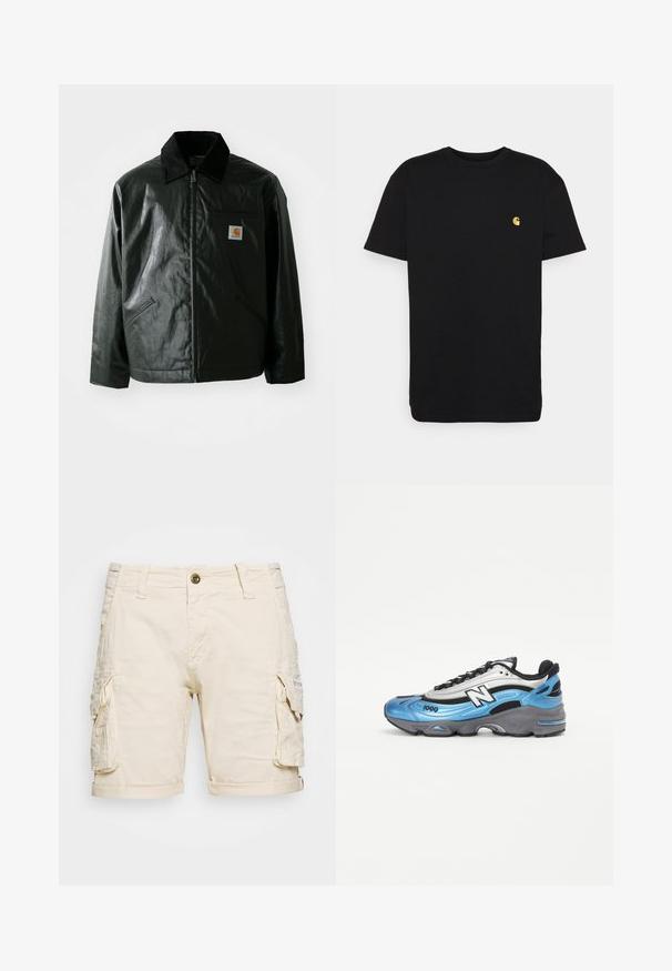 Jachetă neagră cu fermoar, confecționată dintr-un material neted și lucios. Prezintă un guler din catifea, două buzunare frontale și un mic logo brodat pe piept.; Tricou negru din bumbac, cu mâneci scurte, guler rotund și un mic logo galben pe partea stângă a pieptului. Design simplu și croială normală.; Șorturi cargo bej cu două buzunare laterale, tiv rulat, închidere cu nasture și bucle pentru curea. Fabricate dintr-un material ușor, texturat.; Pantofii sport albaștri și argintii sunt fabricați din materiale cu plasă și sintetice, având o talpă groasă de culoare gri și accente negre proeminente. Numărul modelului 1000 este vizibil.