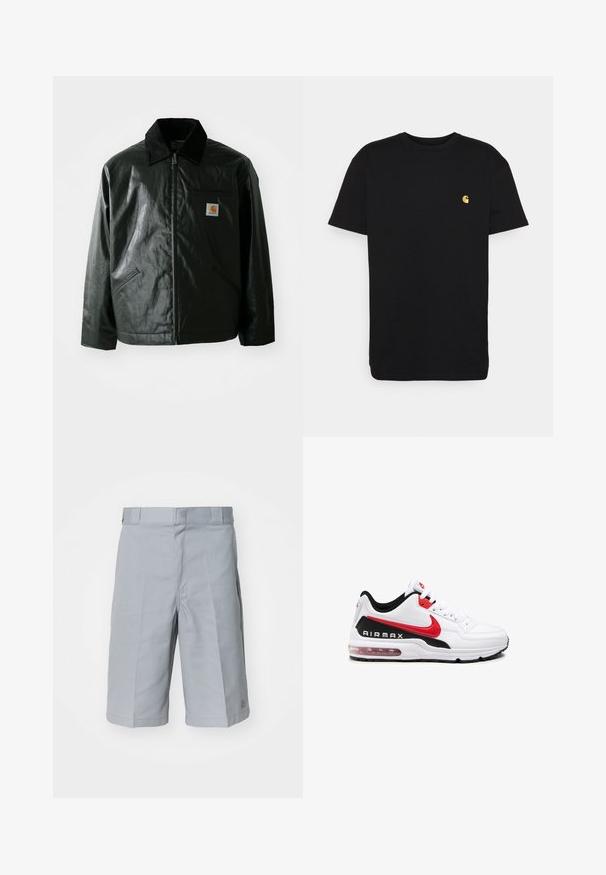 Chaqueta negra con cremallera hecha de un material liso y brillante. Presenta un cuello de pana, dos bolsillos frontales y un pequeño parche con el logo en el pecho.; Camiseta de algodón negra con mangas cortas, cuello redondo y un pequeño logo amarillo en el área del pecho izquierdo. Diseño simple y ajuste regular.; Pantalones cortos de color gris claro fabricados con un tejido resistente, con un corte recto, una cinturilla con presillas para cinturón y un sutil detalle de pliegues.; Zapatilla deportiva blanca con detalles en negro y rojo, que presenta un upper de cuero suave, parte frontal con cordones y una amortiguación de aire visible en la suela.