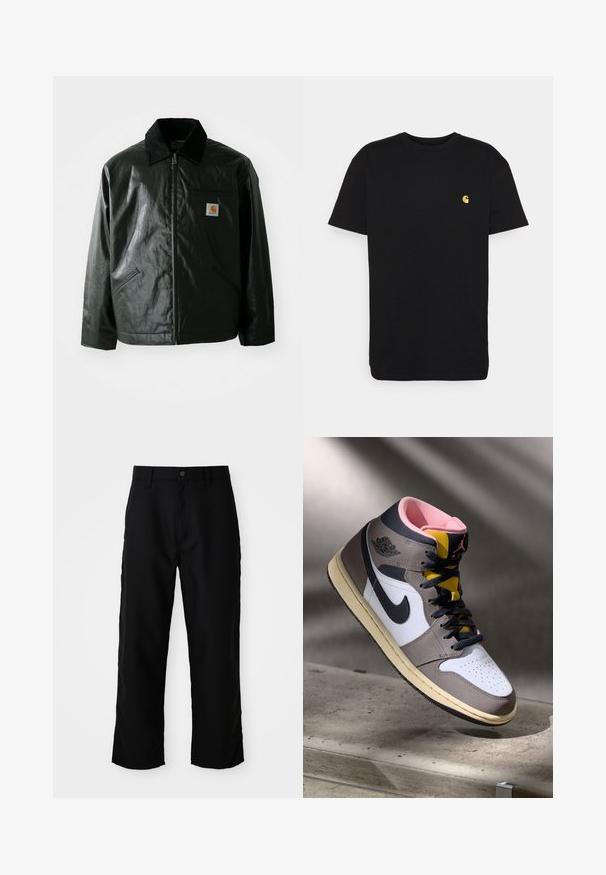 Melnā zip-up jaka, izgatavota no gludas, spīdīgas materiāla. Ir korduroja apkakle, divas priekšējās kabatas un neliela logo placdarma uz krūtīm.; Melna kokvilnas T-kreklā īsas piedurknes, apaļa apkakle un neliels dzeltenais logotips kreisajā krūtī. Vienkāršs dizains un parasta paveida.; Melni taisnie bikses ar jostu cilpām, priekšējo pogu un rāvējslēdzēju uz vienkārša gaiša fona.; Augstās Nike Air Jordan kedas baltā, pelēkā un melnā krāsā ar rozā iekšpusi un dzelteno mēli, novietotas uz betona virsmas.