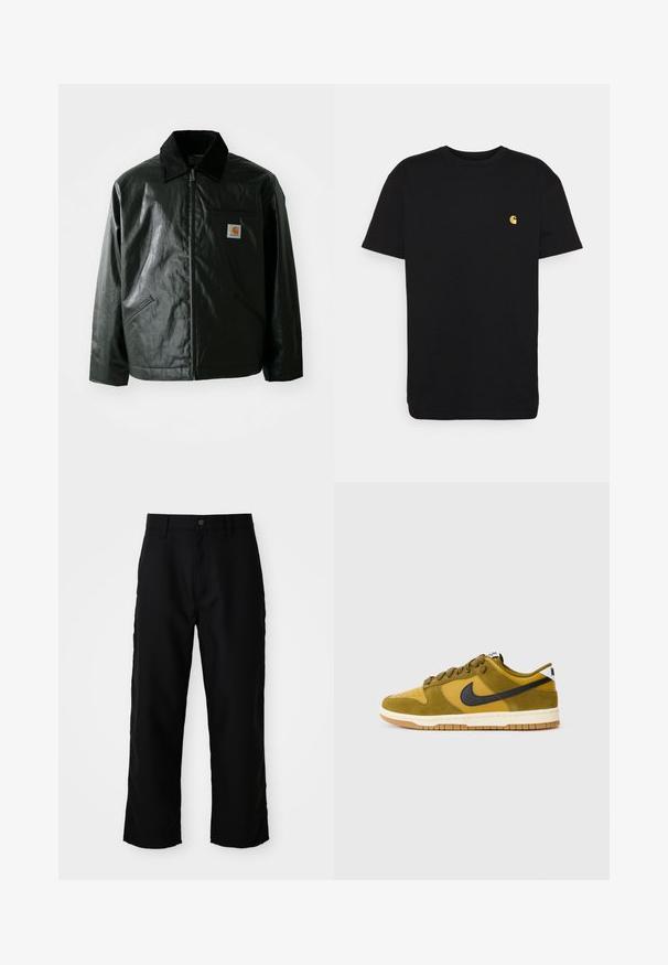 Black zip-up jacket made of smooth, shiny material. Features a corduroy collar, two front pockets, and a small logo patch on the chest.; Black cotton t-shirt with short sleeves, crew neck, and a small yellow logo on the left chest area. Simple design and regular fit.; Black straight-leg pants with belt loops, front button, and zip closure on plain light background.; Nike Dunk Low sneakers in olive green and yellow, featuring a suede and leather upper, dark blue swoosh, and gum rubber sole.