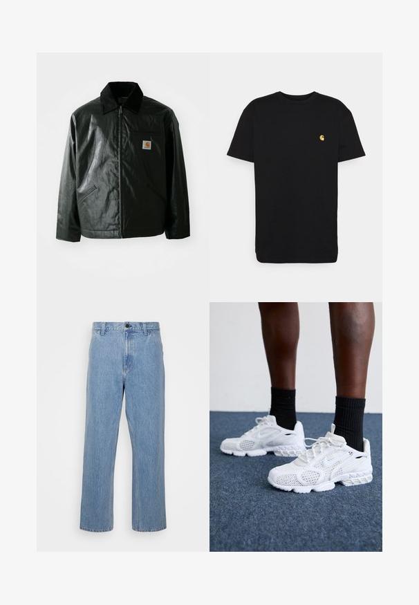 Črna jakna na zadrgo, izdelana iz gladkega, sijočega materiala. Ima žametni ovratnik, dva sprednja žepa in majhno oznako logotipa na prsih.; Črna bombažna majica s kratkimi rokavi, okroglim izrezom in majhnim rumenim logotipom na levi strani prsi. Preprost dizajn in običajen kroj.; Svjetloplave traperice ravnog kroja, s kopčanjem na dugme i petljama za pojas. Tkanina ima blagu izblijedjelu teksturu.; Bela športna obutev z mrežasto zgornjim delom, teksturiranimi detajli in oblazinjenim podplatom. V kombinaciji s črnimi rebrastimi gležnjarji na modri preprogi.