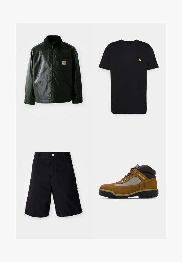 Black zip-up jacket made of smooth, shiny material. Features a corduroy collar, two front pockets, and a small logo patch on the chest.; Black cotton t-shirt with short sleeves, crew neck, and a small yellow logo on the left chest area. Simple design and regular fit.; Black denim shorts with a button closure, featuring a straight cut, side pockets, and reinforced stitching for durability.; Brown hiking boot with gray and black accents, textured leather upper, metal eyelets, and a rugged rubber sole for traction.