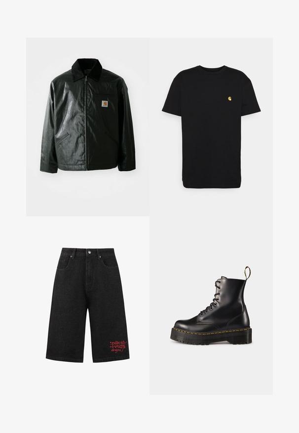 Chaqueta negra con cremallera hecha de un material liso y brillante. Presenta un cuello de pana, dos bolsillos frontales y un pequeño parche con el logo en el pecho.; Camiseta de algodón negra con mangas cortas, cuello redondo y un pequeño logo amarillo en el área del pecho izquierdo. Diseño simple y ajuste regular.; Pantalones cortos de mezclilla negra con corte recto, con un logo bordado en rojo en la parte delantera y bolsillos estándar. Diseño clásico de cinco bolsillos.; Botas de tobillo negras de cuero con cordones, con una suela negra gruesa y costuras amarillas. Presentan una lengüeta en la parte trasera y ojales metálicos circulares.