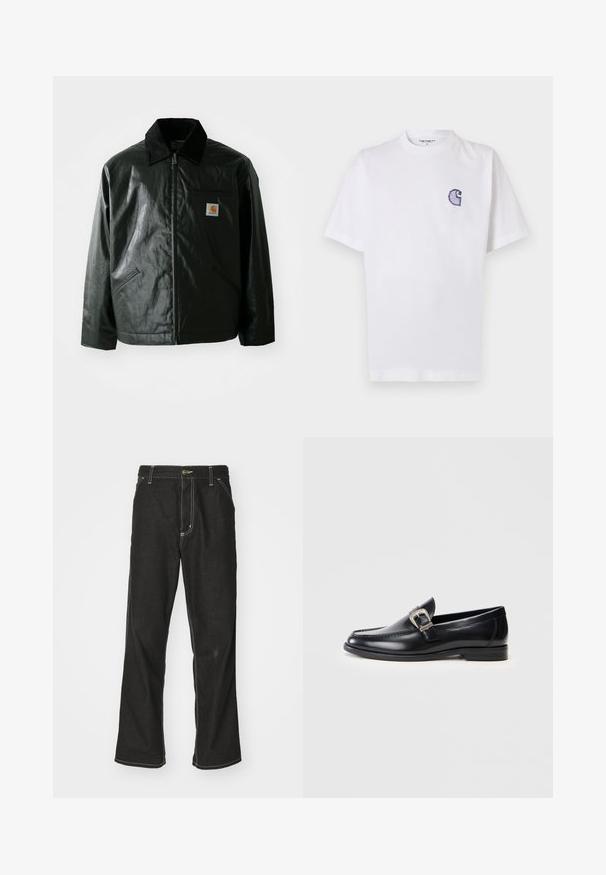 Mustat vetoketjulliset takit, jotka on valmistettu sileästä, kiiltävästä materiaalista. Sisältää kangastakin kauluksen, kaksi etutaskua ja pienen logopatchin rinnassa.; Valkoinen puuvillainen lyhythihainen T-paita, jossa pyöreä kaula-aukko ja vasemmassa rinnassa pieni, kirjailtu sininen "C"-logo.; Mustat farkut, joissa on löysä istuvuus, erottuva valkoinen ompelu, nappikiinnitys ja suora lahje.; Mustat nahkakengät, joissa on pyöristetty kärki, yksityiskohtaista ommelta, hopeinen solki ja matala korko. Silkkinen pinta kiillotetulla viimeistelyllä.