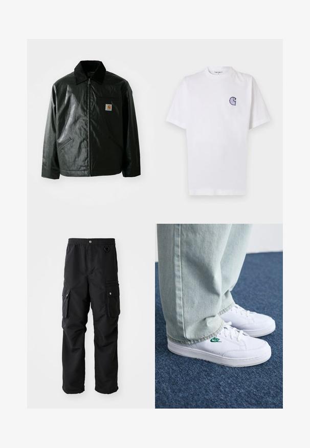 Black zip-up jacket made of smooth, shiny material. Features a corduroy collar, two front pockets, and a small logo patch on the chest.; White cotton t-shirt with short sleeves, round neckline, and a small, embroidered blue "C" logo on the left chest area.; Black cargo pants with elastic waistband, multiple side pockets, and a smooth, durable fabric. Features silver accent hardware.; White leather sneakers with green Nike logo, round toe, flat sole, paired with light blue denim pants, shown on a blue carpet.