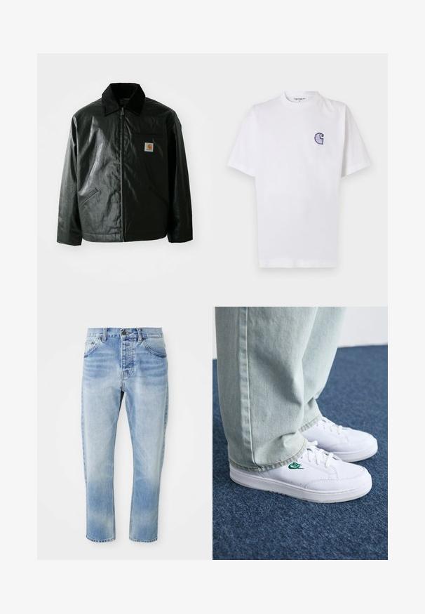 Casaco preto com fecho éclair, feito de material liso e brilhante. Apresenta um colarinho de veludo, dois bolsos frontais e um pequeno emblema no peito.; T-shirt branca de algodão com mangas curtas, decote redondo e um pequeno logotipo azul "C" bordado no lado esquerdo do peito.; Jeans de ganga azul claro com um design de perna reta, apresentando dois bolsos frontais, um bolso traseiro e um fecho de botão na cintura.; Tênis de couro brancos com logo verde da Nike, bico redondo, sola plana, combinados com calças de denim azul claro, exibidos sobre um tapete azul.