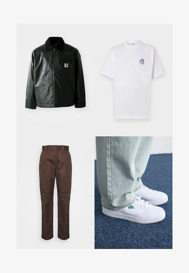 Black zip-up jacket made of smooth, shiny material. Features a corduroy collar, two front pockets, and a small logo patch on the chest.; White cotton t-shirt with short sleeves, round neckline, and a small, embroidered blue "C" logo on the left chest area.; Brown, straight-leg pants with a smooth texture. Features a belt loop, side seams, and a small brand logo on the left leg.; White leather sneakers with green Nike logo, round toe, flat sole, paired with light blue denim pants, shown on a blue carpet.