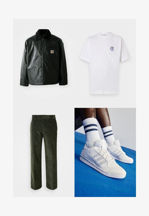 Must mustaga, läikiva materjaliga musta värvi jakk. Omab kordonilõikega kraed, kahte esikäe taskut ja väikest logo sildi rinnal.; Valge puuvillane t-särk lühikeste varrukatega, ümara kaelusega ja vasakul rinnal väike tikitud sinine "C" logo.; Tumed roheline korduroy püksid sirge lõikega, millel on lame vöökoht ja küljetaskud. Pehme tekstuur vertikaalsete ribadega.; Valge nahast jooksujalatsid, millel on perforatsioonidega detailid, kolm metallilist triipu ja tekstureeritud külgpaneel. Kanna valgeid sokke, millel on sinised triibud.