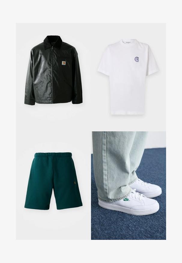 Juodas užtrauktuku užsegamas švarkas, pagamintas iš glotnaus, blizgaus medžiagos. Savybė - keteros apykaklė, dvi priekinės kišenės ir mažas logotipo ženklelis ant krūtinės.; Baltas medvilninis marškinėlis trumpomis rankovėmis, apvalia iškirpte ir mažu siuvinėtu mėlynu „C“ logotipu kairėje krūtinės pusėje.; Tamsiai žali medvilniniai šortai su elastine juosta, šoninėmis kišenėmis ir mažuoju logotipu apatinėje pusėje. Lygi tekstūra ir iki kelių siekiantis dizainas.; Balti odiniai sportbačiai su žaliu Nike logotipu, apvalia nosimi, plokščiu padu, derinami su šviesiai mėlynomis džinsinėmis kelnėmis, rodomi ant mėlynos kiliminės dangos.