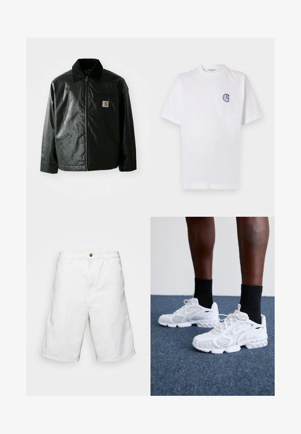Giacca nera con zip realizzata in materiale liscio e lucido. Presenta un colletto in corduroy, due tasche frontali e una piccola patch con logo sul petto.; Maglietta bianca in cotone con maniche corte, scollo rotondo e un piccolo logo "C" blu ricamato sul lato sinistro del petto.; Shorts bianchi in cotone con taglio dritto, dotati di chiusura con bottone e passanti per cintura, texture liscia e design alla lunghezza del ginocchio.; Scarpe da ginnastica bianche con tomaia in rete, dettagli testurizzati e suola imbottita. Abbinato a calzini neri a coste sopra la caviglia su una superficie in moquette blu.