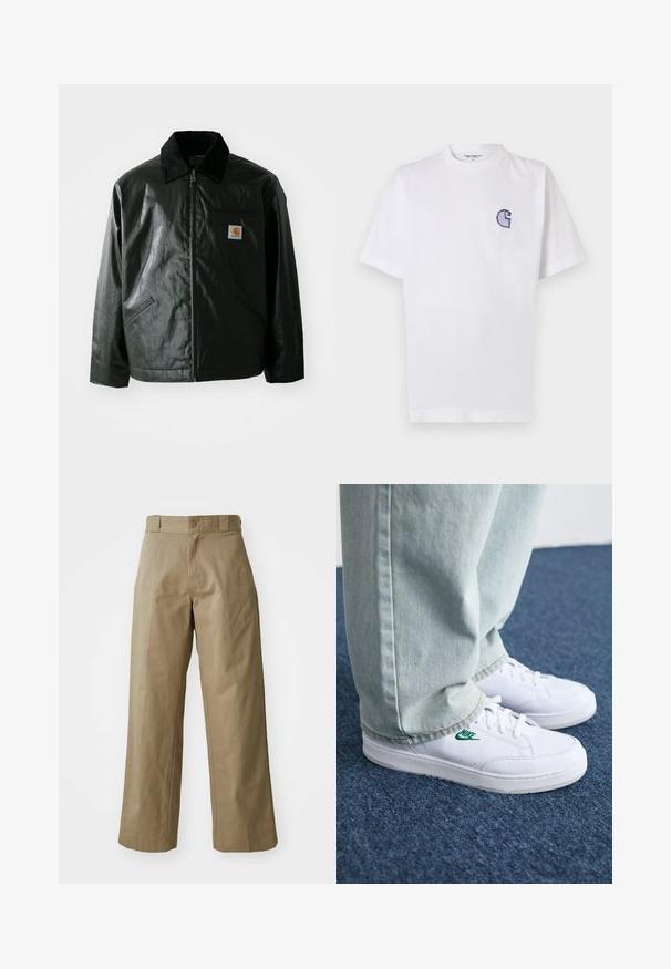 Black zip-up jacket made of smooth, shiny material. Features a corduroy collar, two front pockets, and a small logo patch on the chest.; White cotton t-shirt with short sleeves, round neckline, and a small, embroidered blue "C" logo on the left chest area.; Khaki wide-leg trousers made of cotton blend fabric, featuring a single button closure and visible side pockets. Smooth texture, crease detail.; White leather sneakers with green Nike logo, round toe, flat sole, paired with light blue denim pants, shown on a blue carpet.