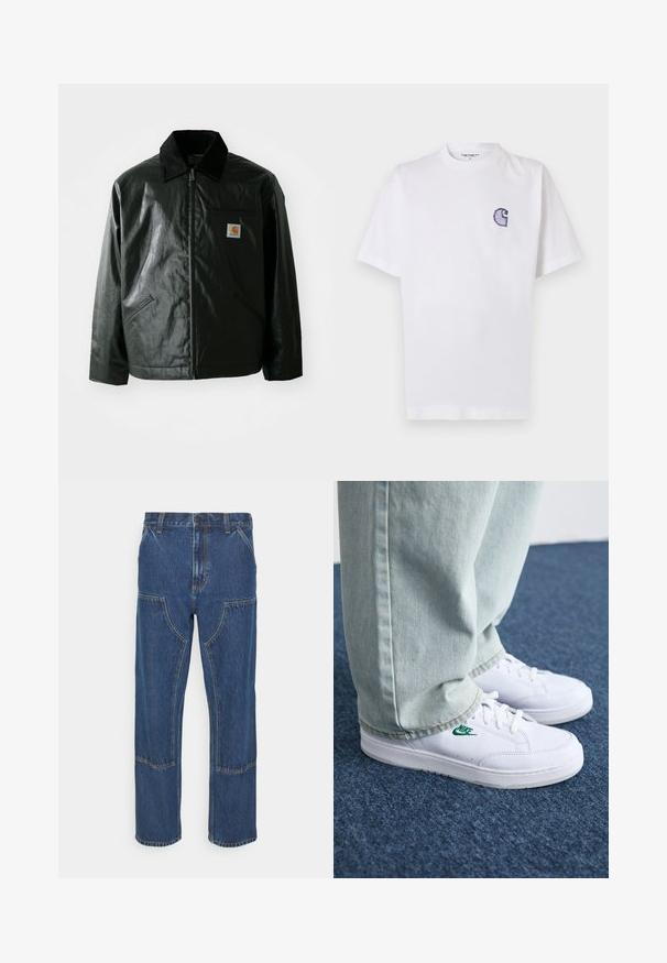 Μαύρο μπουφάν με φερμουάρ, φτιαγμένο από λείο, γυαλιστερό υλικό. Διαθέτει κοτλέ γιακά, δύο μπροστινές τσέπες και μια μικρή ετικέτα λογότυπου στο στήθος.; Άσπρο βαμβακερό t-shirt με κοντά μανίκια, στρογγυλή λαιμόκοψη και μικρό, κεντητό μπλε λογότυπο "C" στην αριστερή πλευρά του στήθους.; Μπλε τζιν παντελόνι με ίσιο πόδι, μπροστινές τσέπες και αντίθετες ραφές. Ο ύφασμα έχει κλασική υφή και φινίρισμα.; Λευκά δερμάτινα sneakers με πράσινο λογότυπο Nike, στρογγυλή μύτη, επίπεδη σόλα, συνδυασμένα με ανοιχτό μπλε τζην παντελόνι, τοποθετημένα σε μπλε χαλί.