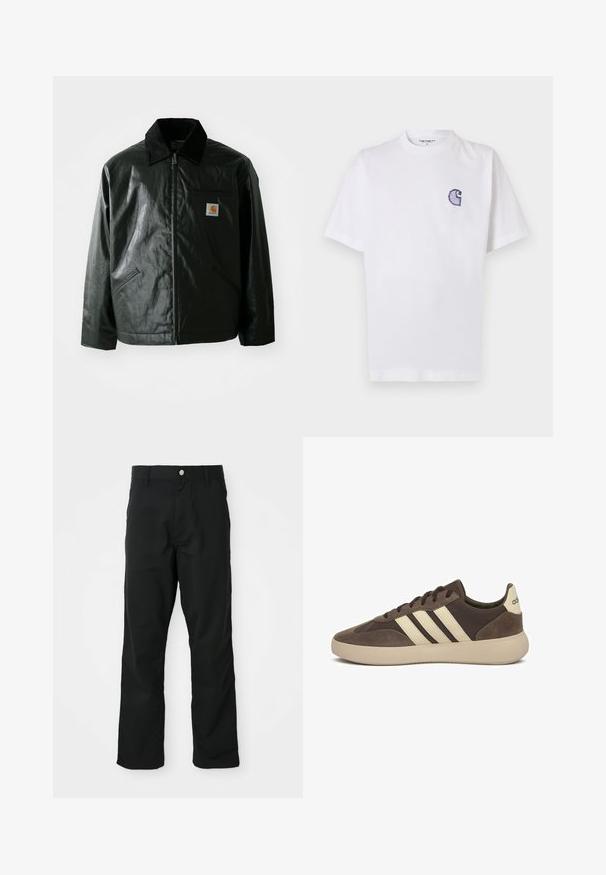 Black zip-up jacket made of smooth, shiny material. Features a corduroy collar, two front pockets, and a small logo patch on the chest.; White cotton t-shirt with short sleeves, round neckline, and a small, embroidered blue "C" logo on the left chest area.; Black straight-leg trousers with button and zipper closure, belt loops, and side pockets, displayed against a white background.; Brown suede sneaker with three white stripes, rounded toe, thick rubber sole, and minimal branding on the heel.