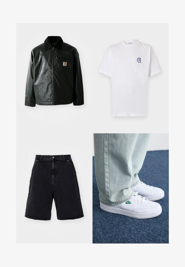 Μαύρο μπουφάν με φερμουάρ, φτιαγμένο από λείο, γυαλιστερό υλικό. Διαθέτει κοτλέ γιακά, δύο μπροστινές τσέπες και μια μικρή ετικέτα λογότυπου στο στήθος.; Άσπρο βαμβακερό t-shirt με κοντά μανίκια, στρογγυλή λαιμόκοψη και μικρό, κεντητό μπλε λογότυπο "C" στην αριστερή πλευρά του στήθους.; Μαύρες τζιν σορτς με χαλαρή εφαρμογή, κανονικό σχέδιο πέντε τσεπών και κλείσιμο με μεταλλικό κουμπί. Λείος υφασμάτινος χαρακτήρας με ελάχιστη φθορά.; Λευκά δερμάτινα sneakers με πράσινο λογότυπο Nike, στρογγυλή μύτη, επίπεδη σόλα, συνδυασμένα με ανοιχτό μπλε τζην παντελόνι, τοποθετημένα σε μπλε χαλί.