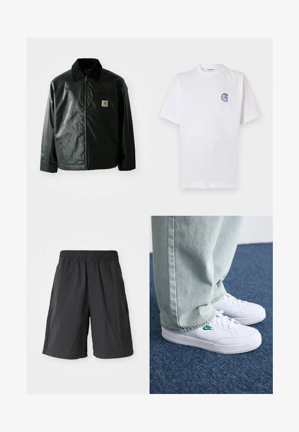 Must mustaga, läikiva materjaliga musta värvi jakk. Omab kordonilõikega kraed, kahte esikäe taskut ja väikest logo sildi rinnal.; Valge puuvillane t-särk lühikeste varrukatega, ümara kaelusega ja vasakul rinnal väike tikitud sinine "C" logo.; Mustad mustrid, millel on tekstureeritud ja sooneline disain, elastne vöökoht ja kaks küljetaskut. Looduslik stiil, põlve ülene pikkus.; Valged nahast tennisetossud rohelise Nike logo ja ümarate varvastega, lamedate taldadega, koos helesiniste teksapükstega, esitatud sinisel vaibal.