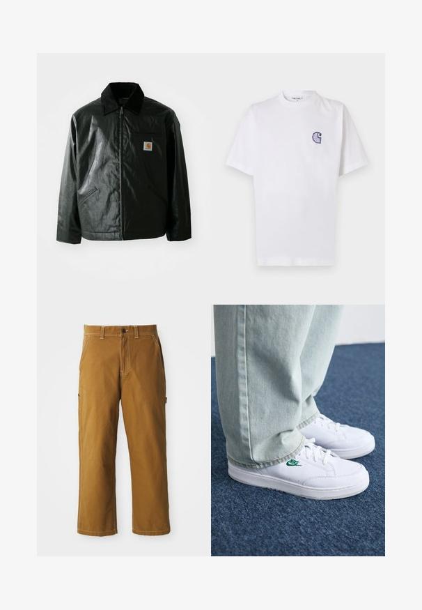 Must mustaga, läikiva materjaliga musta värvi jakk. Omab kordonilõikega kraed, kahte esikäe taskut ja väikest logo sildi rinnal.; Valge puuvillane t-särk lühikeste varrukatega, ümara kaelusega ja vasakul rinnal väike tikitud sinine "C" logo.; Pruunist puuvillast lõikepükstest, sirge lõike ja tugevdatud õmblustega, küljetaskudega. Omab nööpkinni ja vöörihmu vööl.; Valged nahast tennisetossud rohelise Nike logo ja ümarate varvastega, lamedate taldadega, koos helesiniste teksapükstega, esitatud sinisel vaibal.