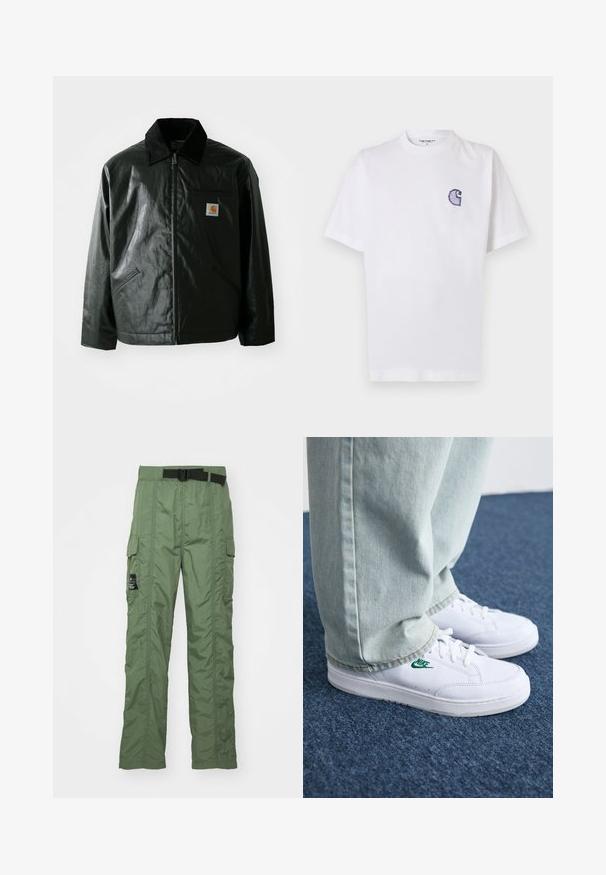 Black zip-up jacket made of smooth, shiny material. Features a corduroy collar, two front pockets, and a small logo patch on the chest.; White cotton t-shirt with short sleeves, round neckline, and a small, embroidered blue "C" logo on the left chest area.; Cargo pants in olive green, made from lightweight fabric. Features a black belt, cargo pockets on sides, and stitching details.; White leather sneakers with green Nike logo, round toe, flat sole, paired with light blue denim pants, shown on a blue carpet.