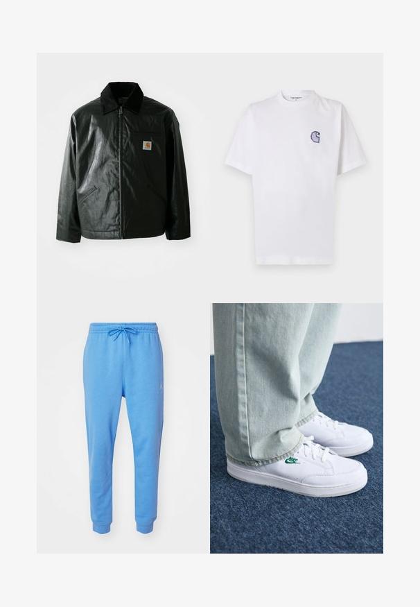 Svart zip-up jacka gjord av slätt, glänsande material. Har en manchesterkrage, två framfickor och en liten logotyp på bröstet.; Vitt bomullst-shirt med korta ärmar, rund halsringning och en liten, broderad blå "C"-logga på vänster bröst.; Ljust blå sweatpants i en mjuk bomullsblandning. Har ett elastiskt midjeband med dragsko och muddar vid anklarna. Broderad logotyp på sidan.; Vita lädersneakers med grön Nike-logga, rund tå, platt sula, kombinerade med ljusblå denimbyxor, visade på en blå matta.