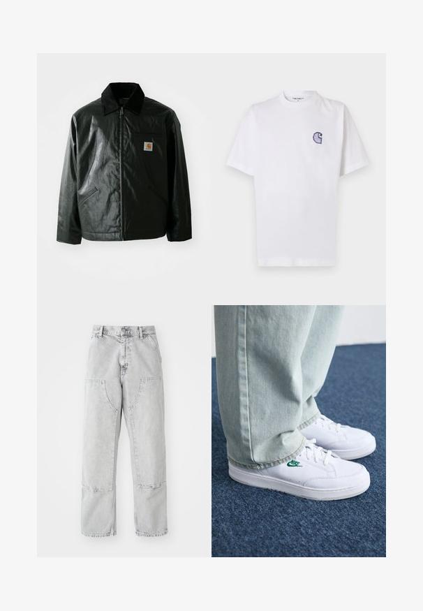 Svart zip-up jacka gjord av slätt, glänsande material. Har en manchesterkrage, två framfickor och en liten logotyp på bröstet.; Vitt bomullst-shirt med korta ärmar, rund halsringning och en liten, broderad blå "C"-logga på vänster bröst.; Ljusgrå denimbyxor med en lös passform, som har stora sidofickor, synliga sömmar och en rak ben-design. Bältesömmar i midjan.; Vita lädersneakers med grön Nike-logga, rund tå, platt sula, kombinerade med ljusblå denimbyxor, visade på en blå matta.