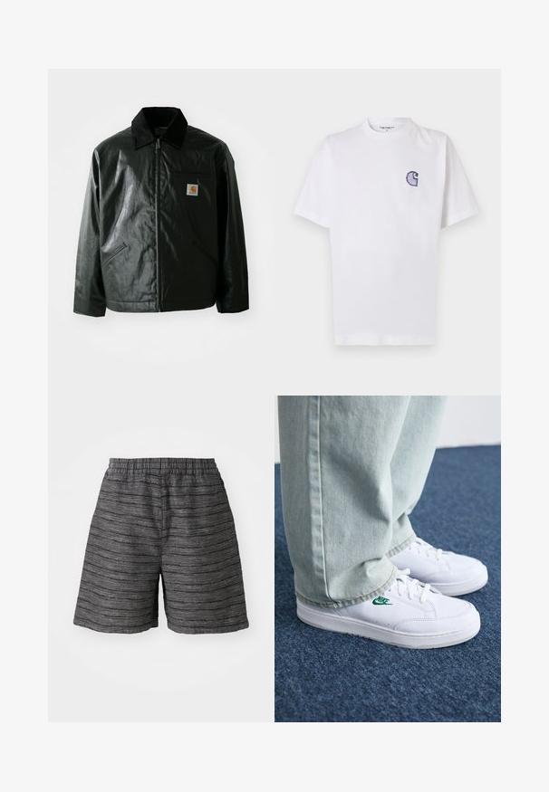 Must mustaga, läikiva materjaliga musta värvi jakk. Omab kordonilõikega kraed, kahte esikäe taskut ja väikest logo sildi rinnal.; Valge puuvillane t-särk lühikeste varrukatega, ümara kaelusega ja vasakul rinnal väike tikitud sinine "C" logo.; Hallid hallid lühikesed püksid elastse vöökohtaga, millel on tekstuuriga kangas ja horisontaalsed triibud. Keskmise reie pikkus ja mugav lõige.; Valged nahast tennisetossud rohelise Nike logo ja ümarate varvastega, lamedate taldadega, koos helesiniste teksapükstega, esitatud sinisel vaibal.