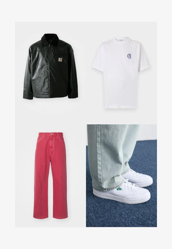 Black zip-up jacket made of smooth, shiny material. Features a corduroy collar, two front pockets, and a small logo patch on the chest.; White cotton t-shirt with short sleeves, round neckline, and a small, embroidered blue "C" logo on the left chest area.; Carhartt WIP LANDON PANT - Baggy Jeans - tuscany; White leather sneakers with green Nike logo, round toe, flat sole, paired with light blue denim pants, shown on a blue carpet.