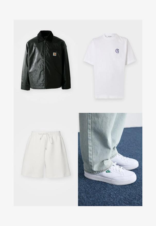 Giacca nera con zip realizzata in materiale liscio e lucido. Presenta un colletto in corduroy, due tasche frontali e una piccola patch con logo sul petto.; Maglietta bianca in cotone con maniche corte, scollo rotondo e un piccolo logo "C" blu ricamato sul lato sinistro del petto.; Nike Sportswear TECH FLEECE SHORT - Pantaloni sportivi - sail; Sneakers in pelle bianca con logo Nike verde, punta rotonda, suola piatta, abbinati a pantaloni in denim azzurro, mostrati su un tappeto blu.